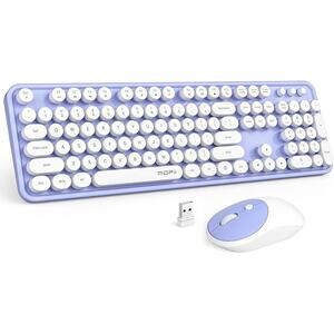 MOWUX Full Size Typewriter Retro Round Computer Keyboard, Mouse Wireless Purple